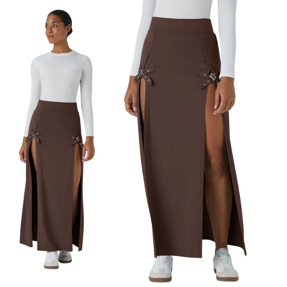HALARA High Waist 2 In 1 Split Brown Maxi Skort Skirt Buckle Size Large NWT